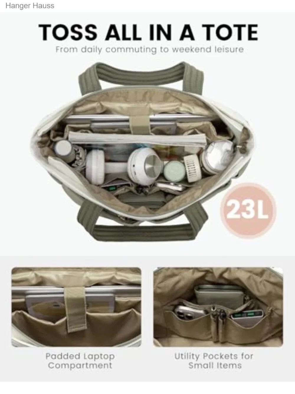 Ultra-Lightweight Puffer Laptop Tote Bag with Pockets, Travel & Work